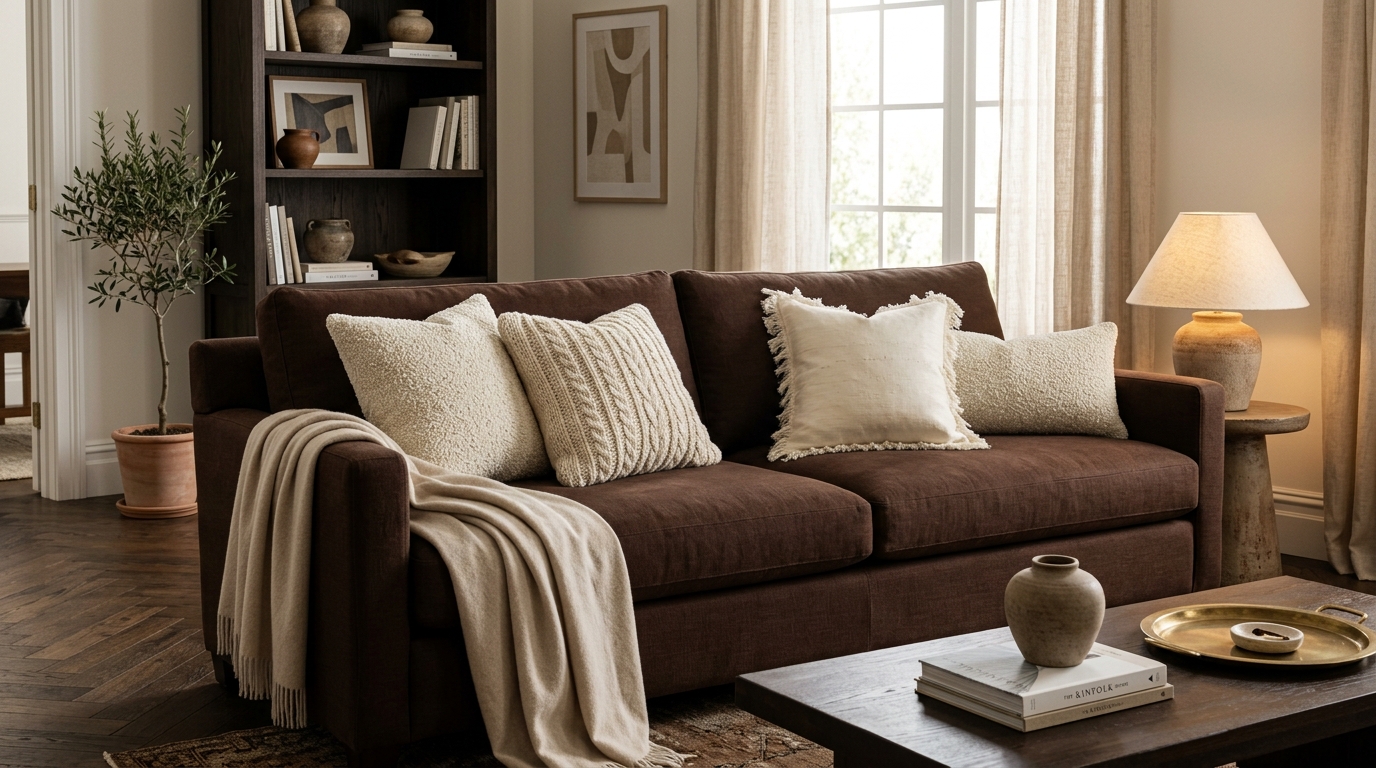 Chocolate Brown Sofa with Ivory Textured Pillows